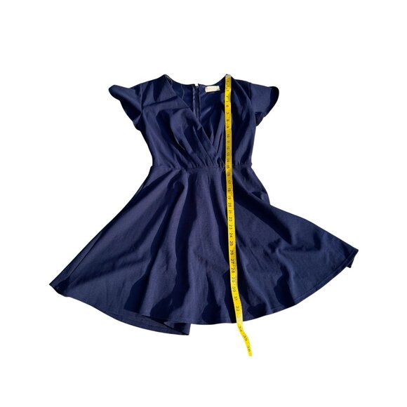 Navy Blue Fit & Flare Dress With Flutter Sleeves & Back Zipper Closure - Picture 4 of 6